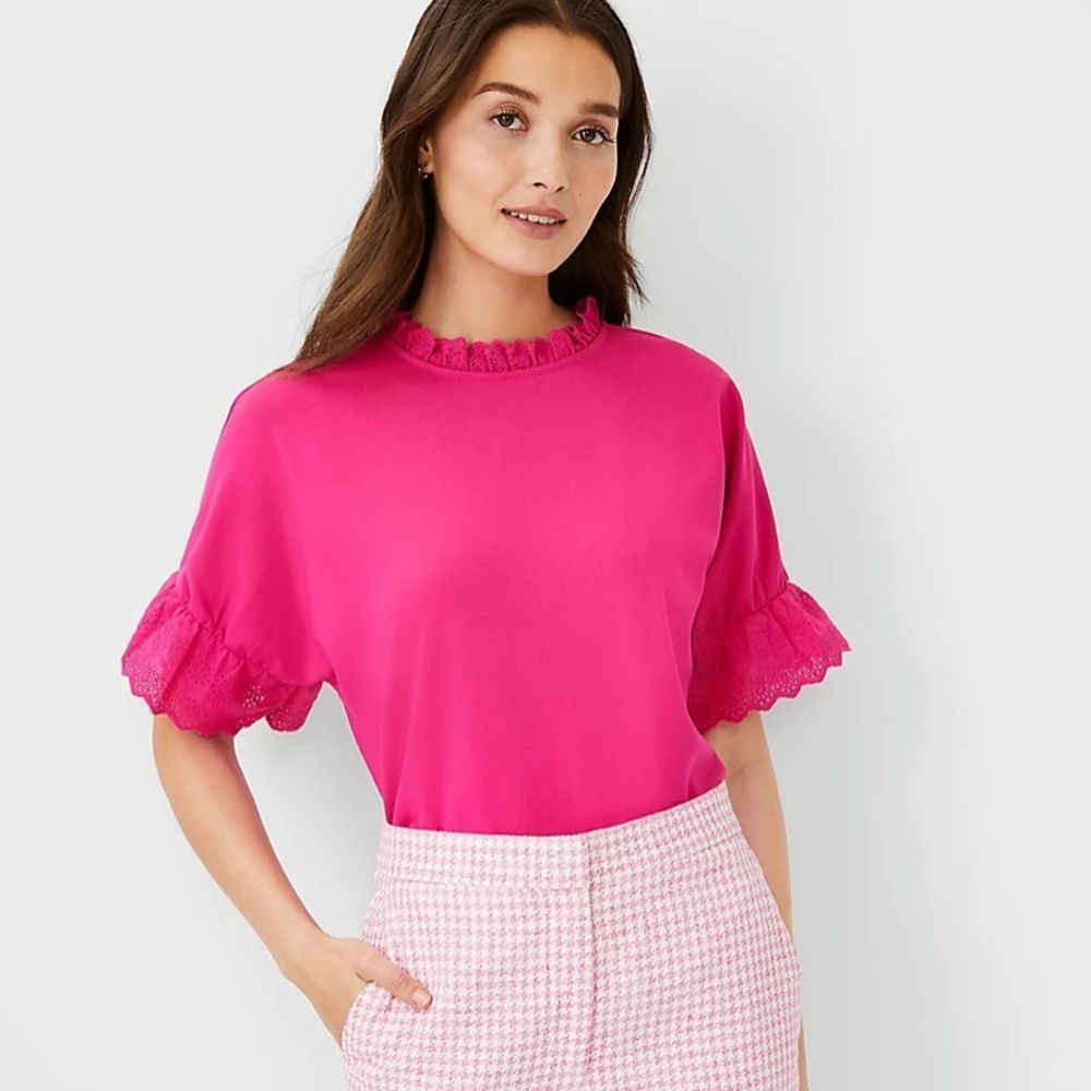 Ann Taylor Mixed Media Eyelet Ruffle Trim Top Pink flare XS